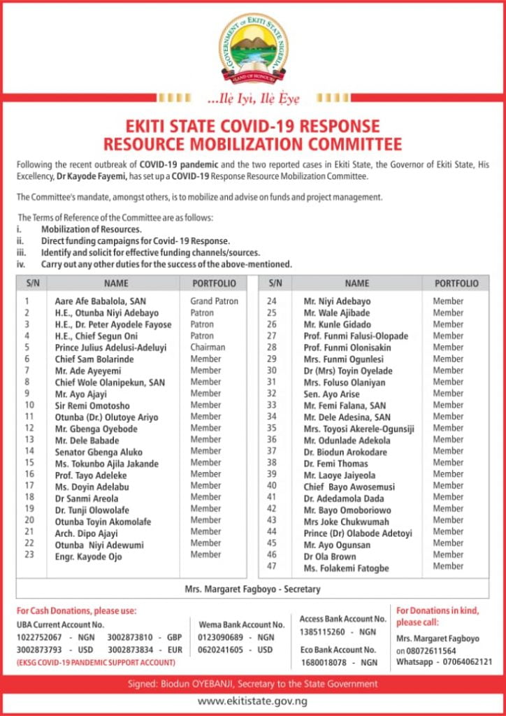 Covid19: Ekiti 47-Man ”Resource Mobilization Committee” breaks into 5 subcommittees