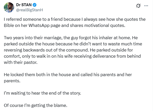 “I’m Getting the Blame Because I Introduced Her to Him” – Nigerian Doctor Speaks After Friend Catches Wife in Bed with Pastor
