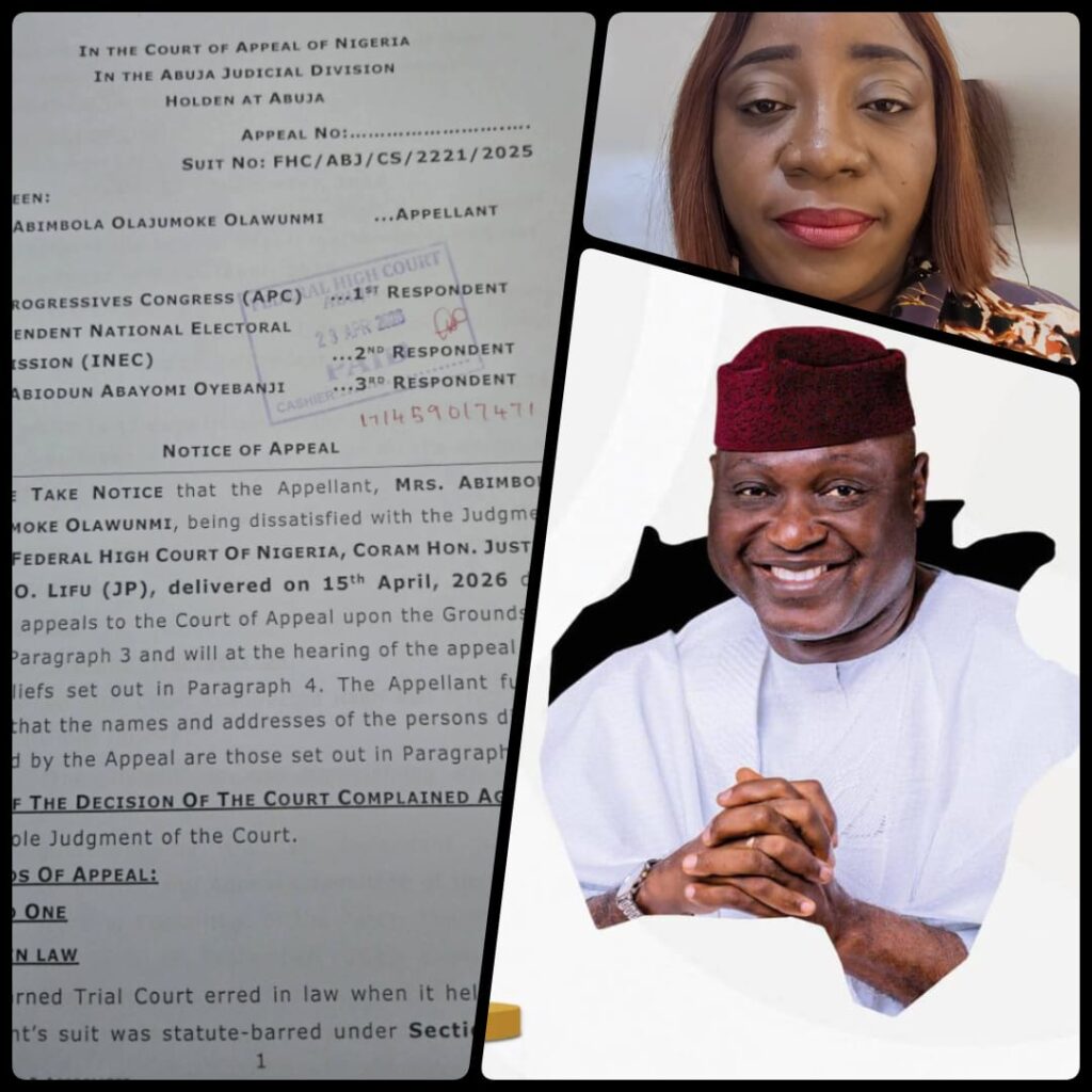 Disgruntled & Inconsequential Sore Loser, Abimbola Olajumoke Olawunmi Heads to Appeal Court APC Primary Disqualification