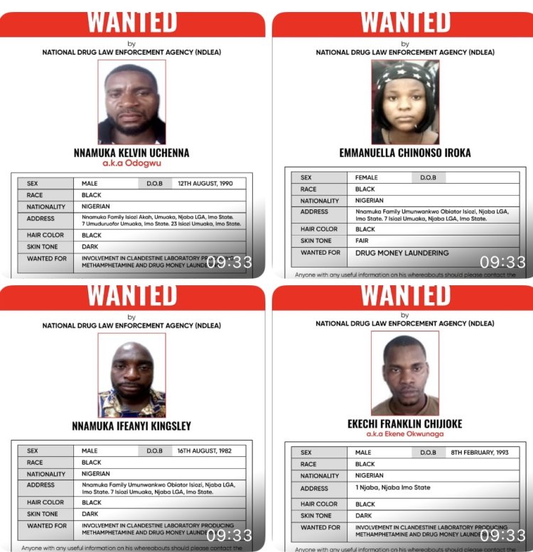 Imo meth factory: NDLEA declares drug kingpin, 3 associates wanted, blocks N9.8bn fund